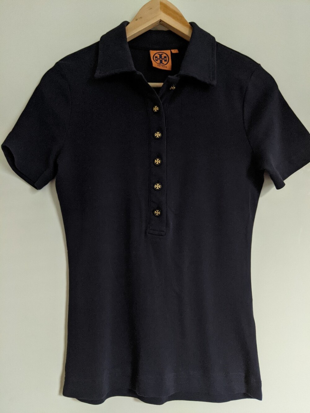 Tory Burch Black Pique Polo Shirt with Logo Buttons